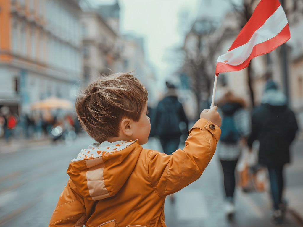 Child holding Austrian flag