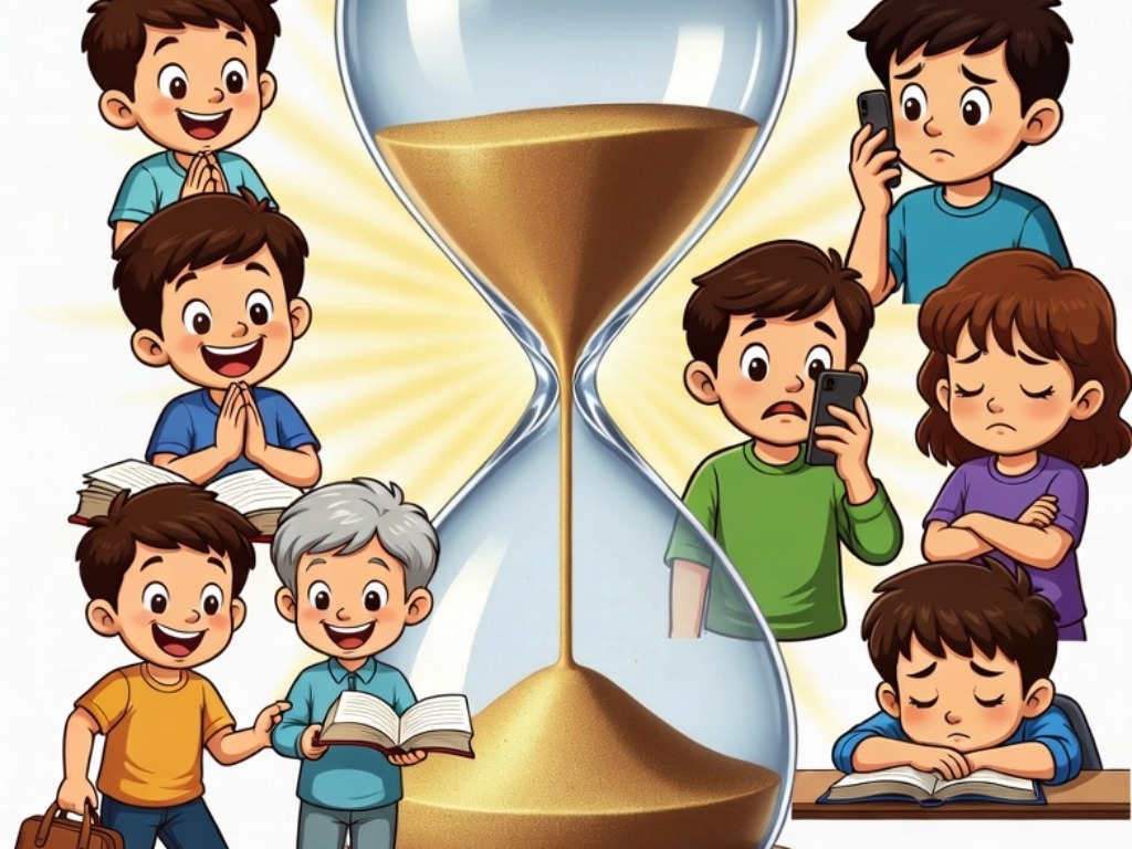 Ai generated image of children doing different things and an hour glass running in the backgorund