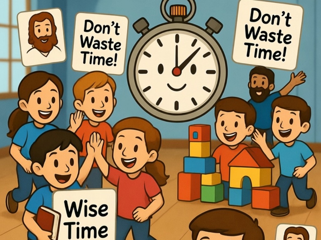 Ai Generated image of children doing different activities and a clock in the background