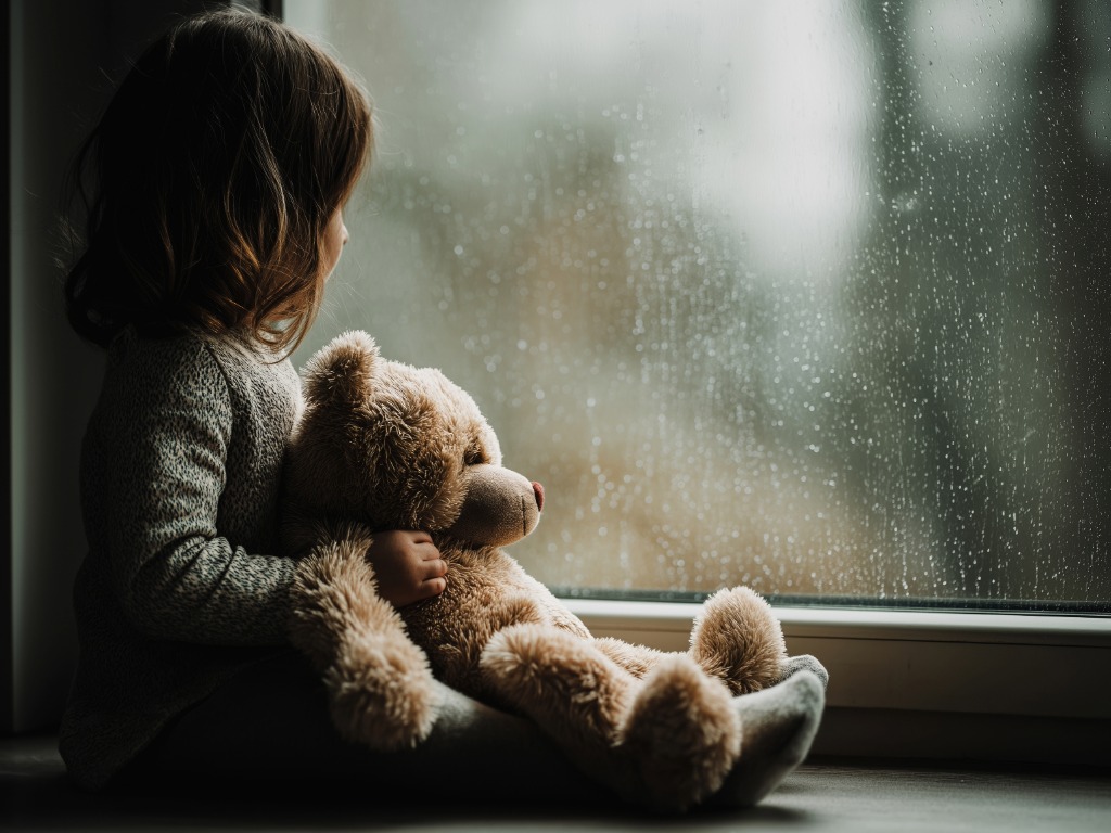 child holding a teddy while looking out the window.