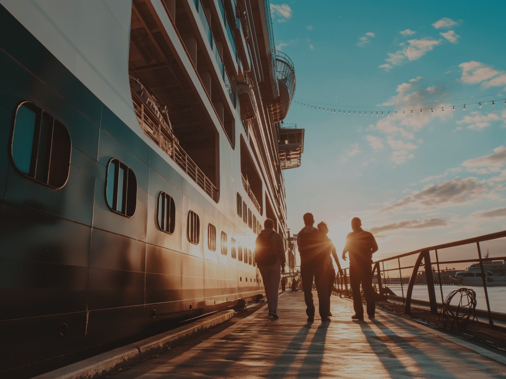 people walking along side a ship