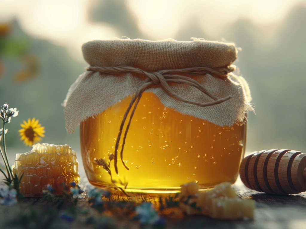 jar of honey sitting in a summer background